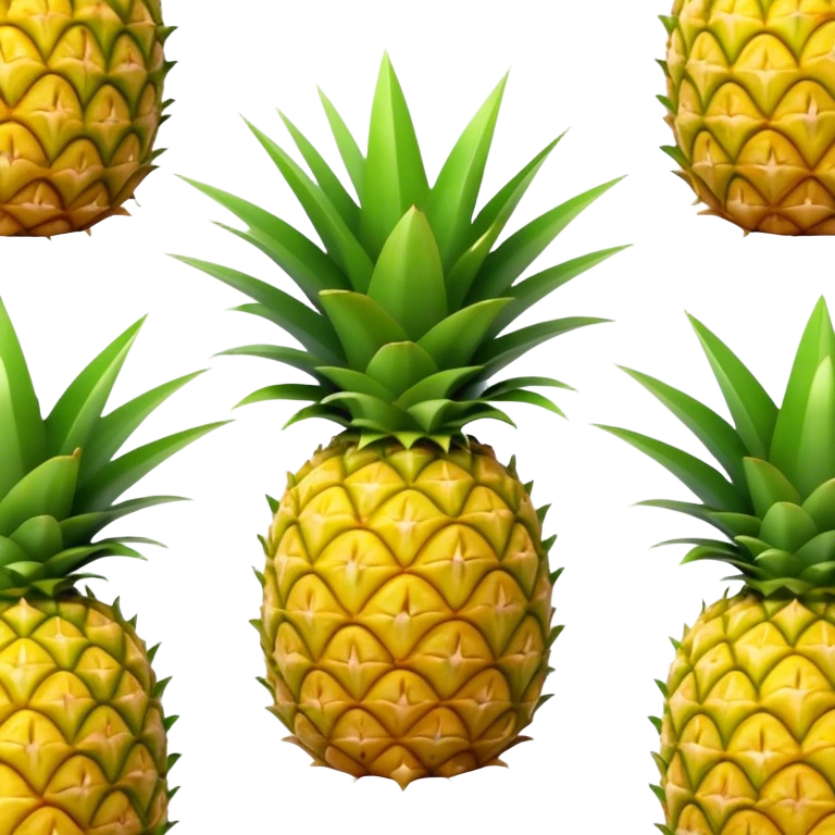 Cinematic Realistic Pineapple Emoji, Tropical and vibrant, with a golden-yellow textured skin and a crown of spiky green leaves on top. The body of the fruit is sharply geometric, its surface rich with natural patterns. Soft glowing outline, capturing the essence of exotic sweetness and tropical flair in a fresh pineapple! emoji