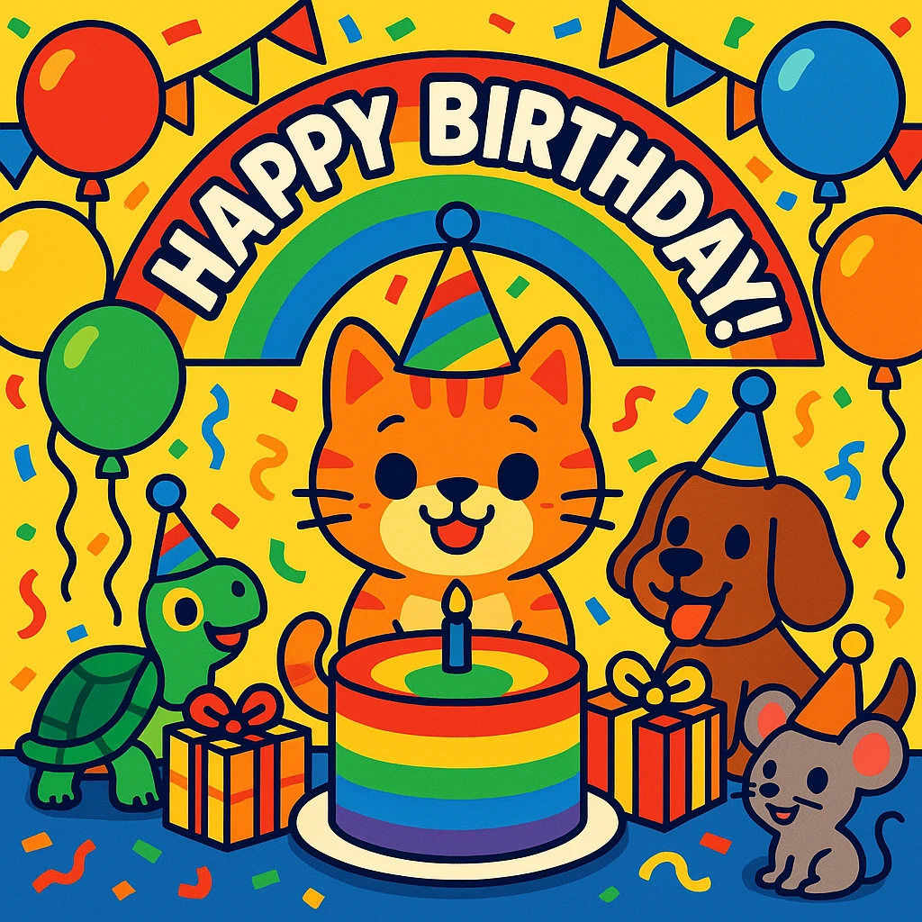 vibrant-toon style birthday party scene with a rainbow color theme including rainbow balloons, multicolored decorations, confetti, a large rainbow birthday cake, gifts, and a festive atmosphere. Main character is a ginger tabby kitten wearing a birthday hat, surrounded by a puppy, turtle, and mouse also celebrating. Prominent 'Happy Birthday!' message included in the scene. emoji