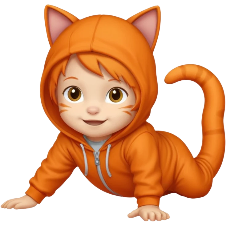 little kid Toddler in orange cat hoodie, crawling pose emoji