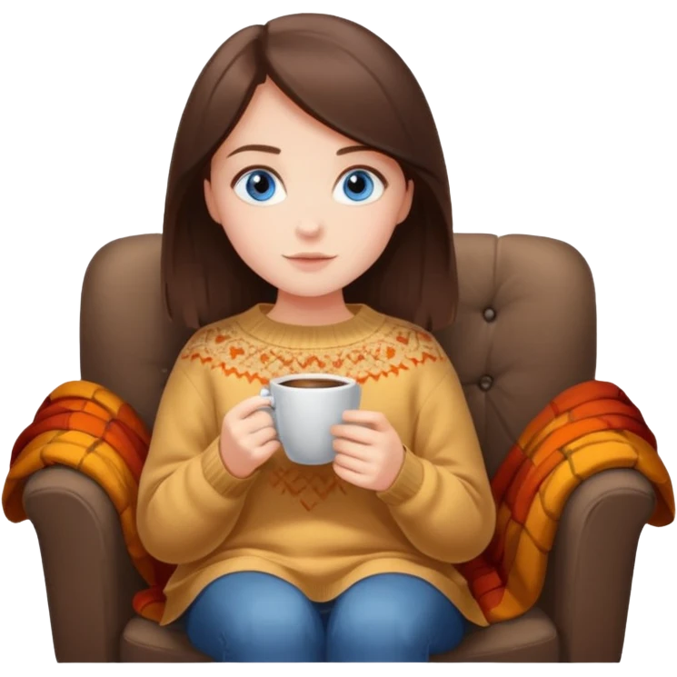 Brunette blue-eyed white girl autumn vibe wearing sweater sitting on a cozy chair holding coffee emoji