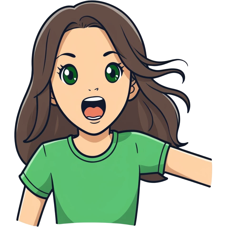 white girl, long brunette hair, green eyes screams with delight emoji