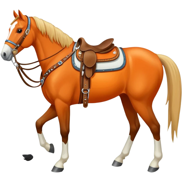 Horse with western tack, orange Color and a white line on its face that goes down the side to the lip  emoji