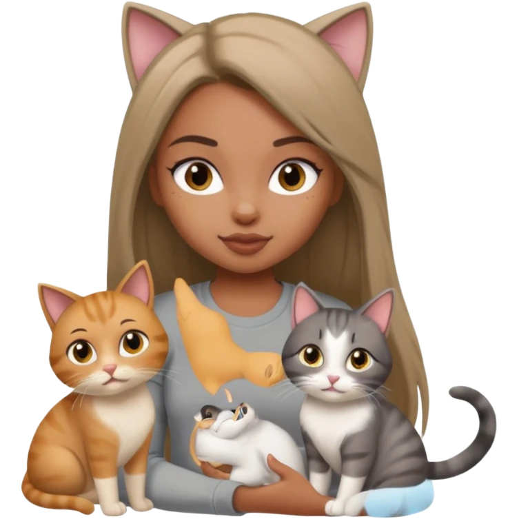 a pretty bratz dusky girl with long straight hair playing with 2 cats nd wearing a grey tshirt emoji