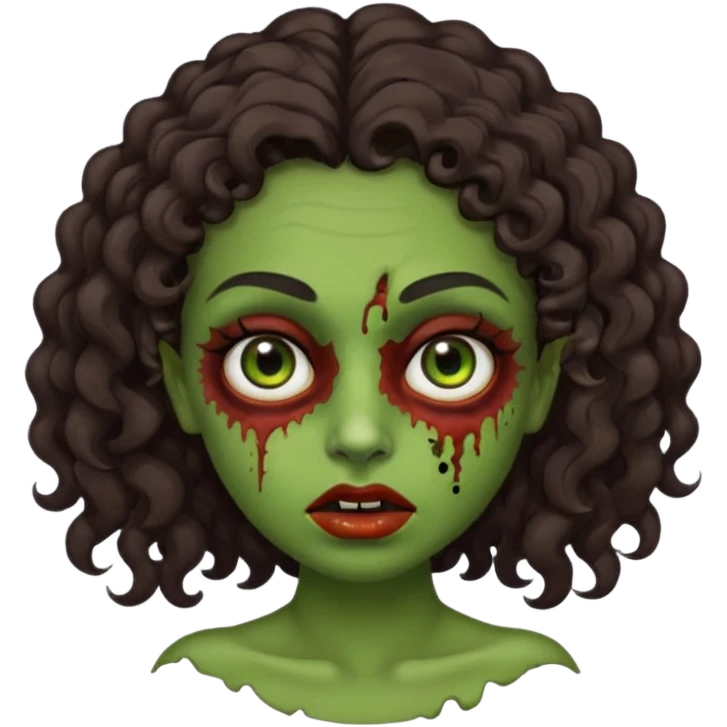 Create a zombie emoji inspired by a young woman with tanned skin, an oval face, large dark eyes, defined eyebrows, a small nose, and medium lips. Her hair should be long, curly, and dark brown. make a green skin like a zumbie original emoji emoji