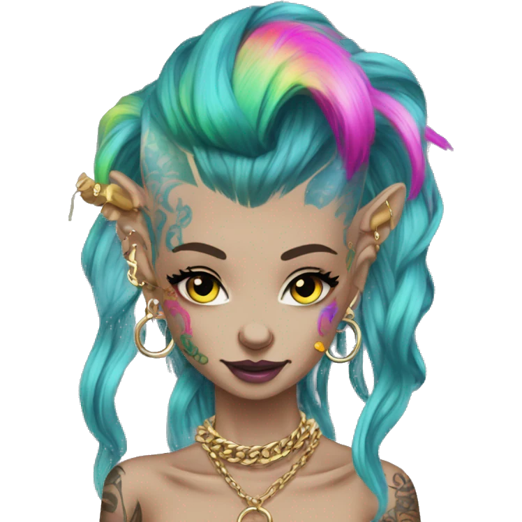 Punk Chinese crested neon rainbow hair gold chain piercings tattoos ear piercings emoji