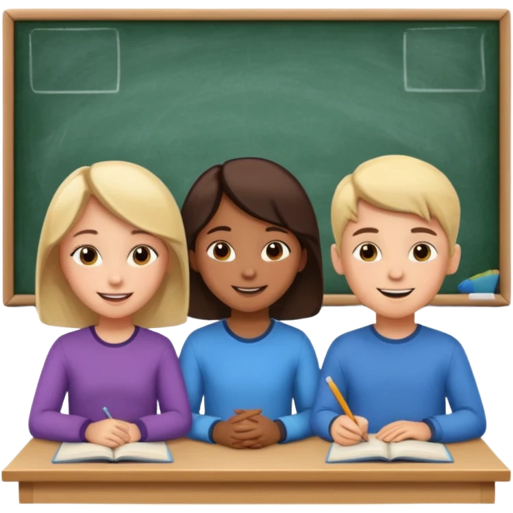 a group of students of both genders (boy and girl) talking to each other quietly in a classroom (let them face each other) emoji
