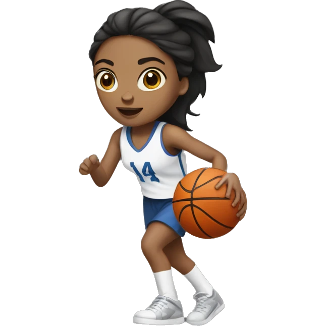 A dark brunette woman with grey eyes playing basketball emoji