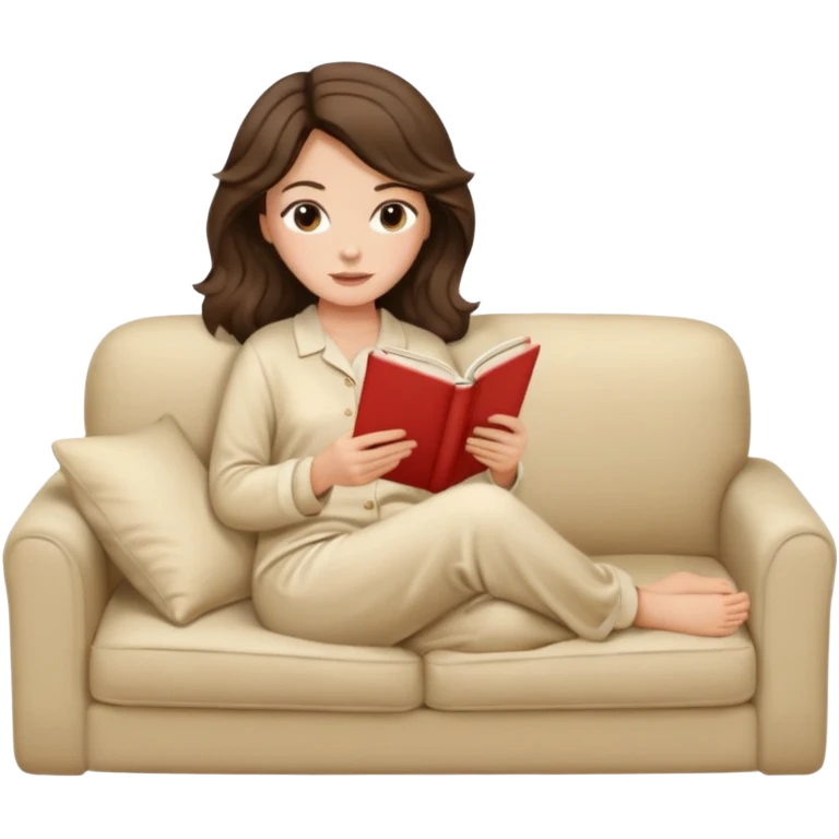 Woman with brunette hair reading on sofa. Soft wavy hair. Beige ivory pyjamas  emoji