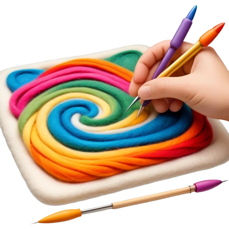 Felt art creation icon, layers of colorful felt being carefully shaped with felting needles into a large picture or decorative design, visible hand tools like felting needles, no finished artwork, just the process of felting, minimalistic style, clean lines, transparent background. emoji
