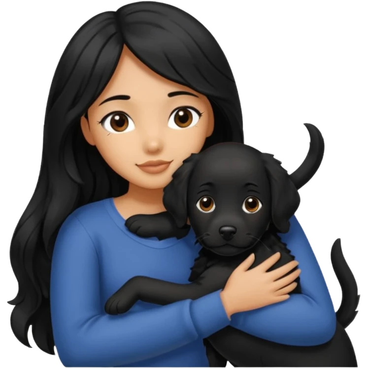 a girl with long, wavy black hair hugging a black Labrador with black fur a emoji