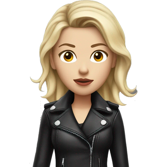 blonde Scarlett Johansson in black leather jacket pointing forward emoji