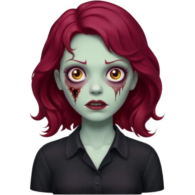 Faça me um emoji de um zumbi mulher de cabelos vermelho borgonha ondulado usando uma blusa preta emoji