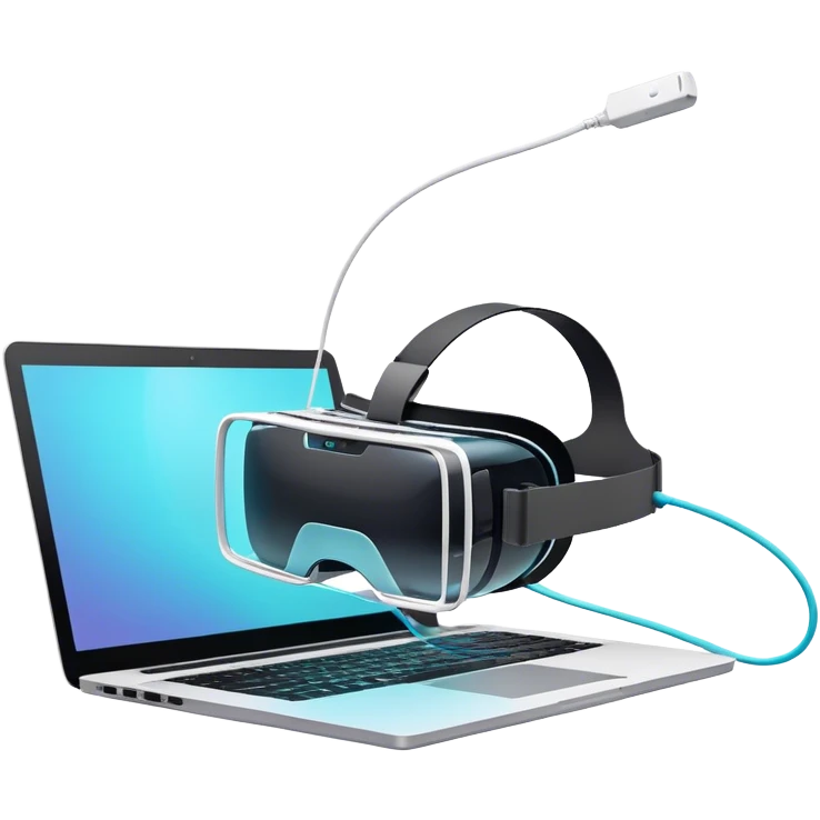 VR headset lying next to a laptop, connected by wires. On the laptop screen a VR/AR modeling program is opened. Floating 3D models or virtual objects. Modern, tech-inspired colors. No emojis or smiley faces. Transparent background. emoji