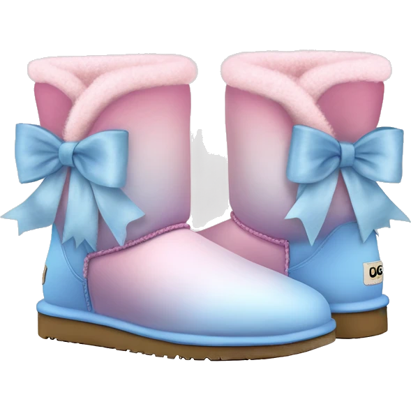 Realistic pair of pastel pink to pastel blue ombre fur Ugg boots with silk ribbon bows. emoji