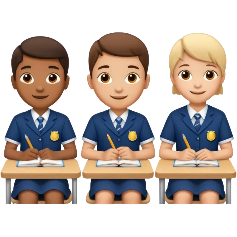 three school children sitting in a row behind their school desks emoji