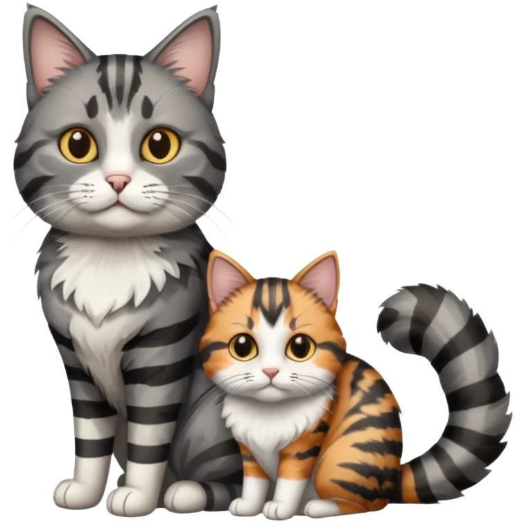 A grey tabby cat with dark grey stripes sitting next to a calico cat  emoji