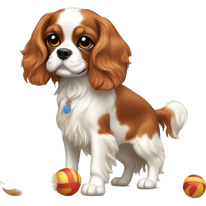 Cavalier King Charles spaniel playing with toy emoji