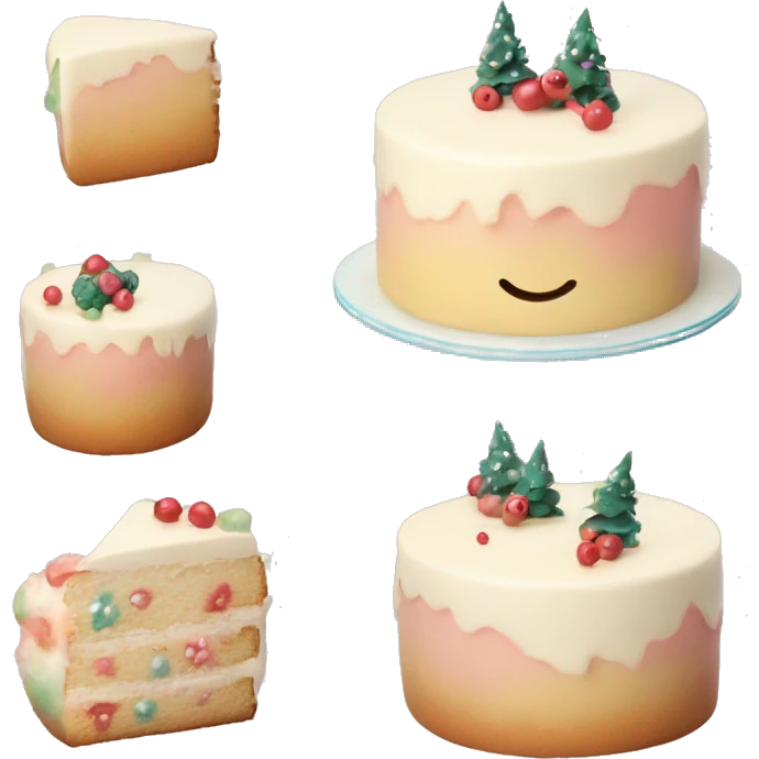 Emoji of a New Year's cake with delicate cream and minimalistic decorations (for example, a few berries or small Christmas tree toys). Warm pastel shades, clean lines emoji