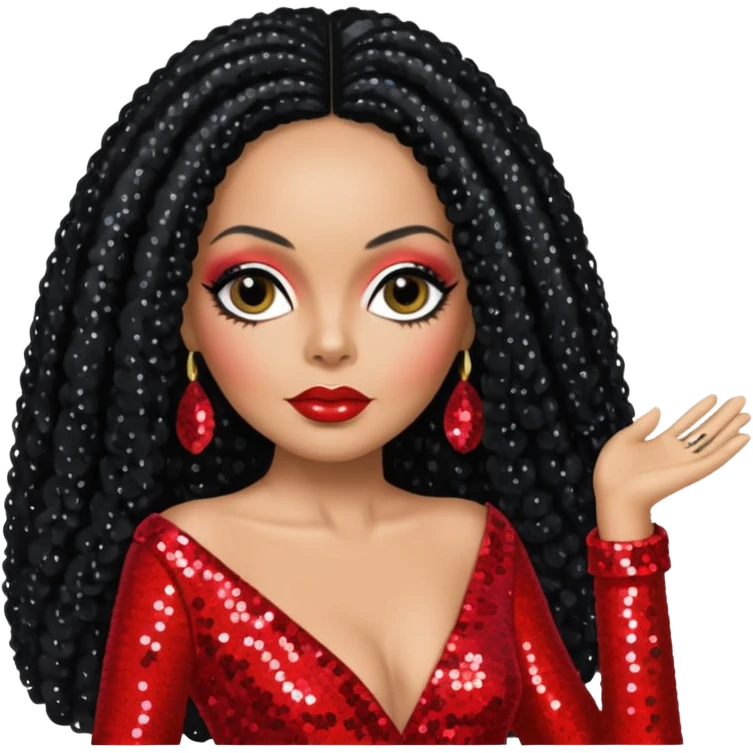 Diana Ross with long jet black hair, red sequin outfit  emoji