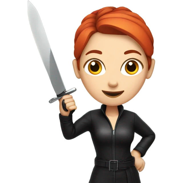 Woman with red hair bun wearing black leather an a knife emoji