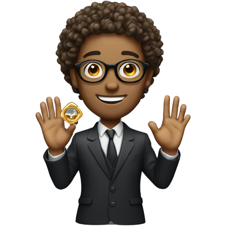 Man with curly hair and round glasses proposing with a gold diamond ring emoji