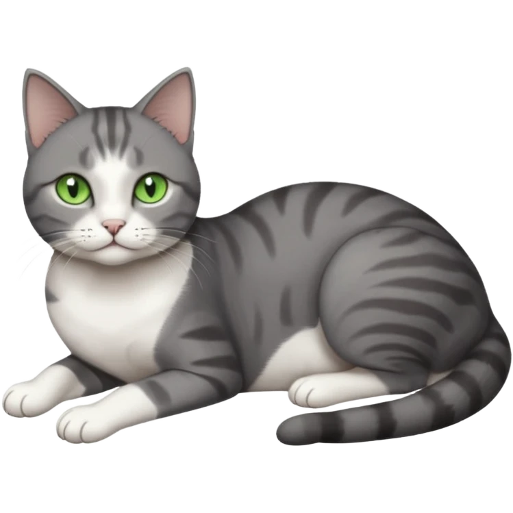 full body tiny short hair dark grey and white cat with white front legs and green eyes lying down emoji