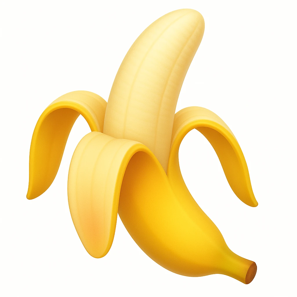Make a banana emoji exactly like the reference image, in iOS emoji style. Peeled banana, realistic shape, bright yellow, smooth and shiny. Add a slight blush to the peel. The style should resemble the iOS emoji style. emoji