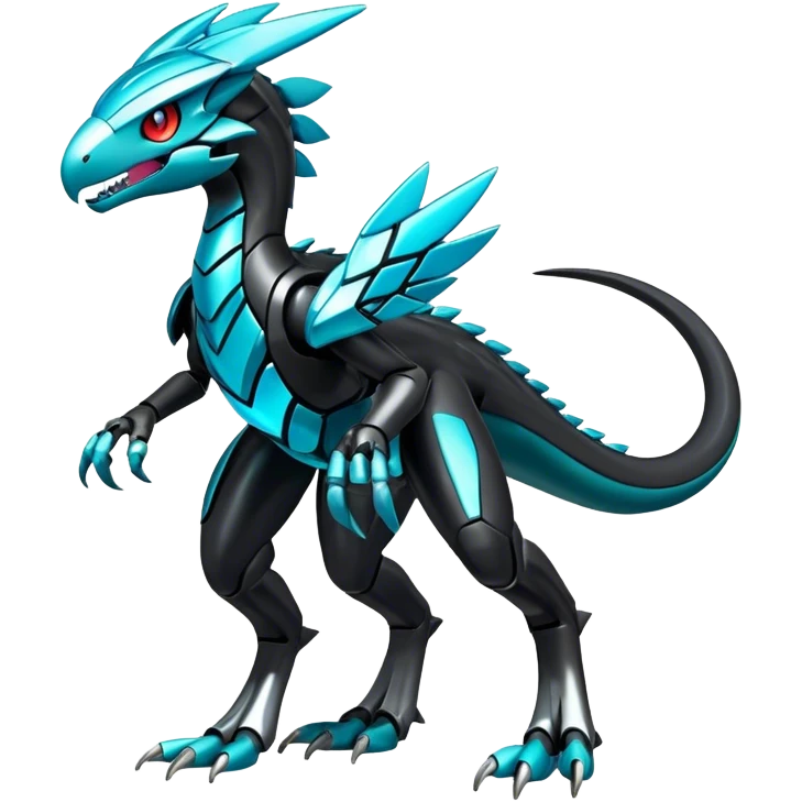 Shiny Futuristic Celestial Glossy-Metallic-Alloy Fakemon-Pokemon-Digimon-Spectrobes-Raptor-fusion, full body, four legs, black body, cyan accents, scales emoji