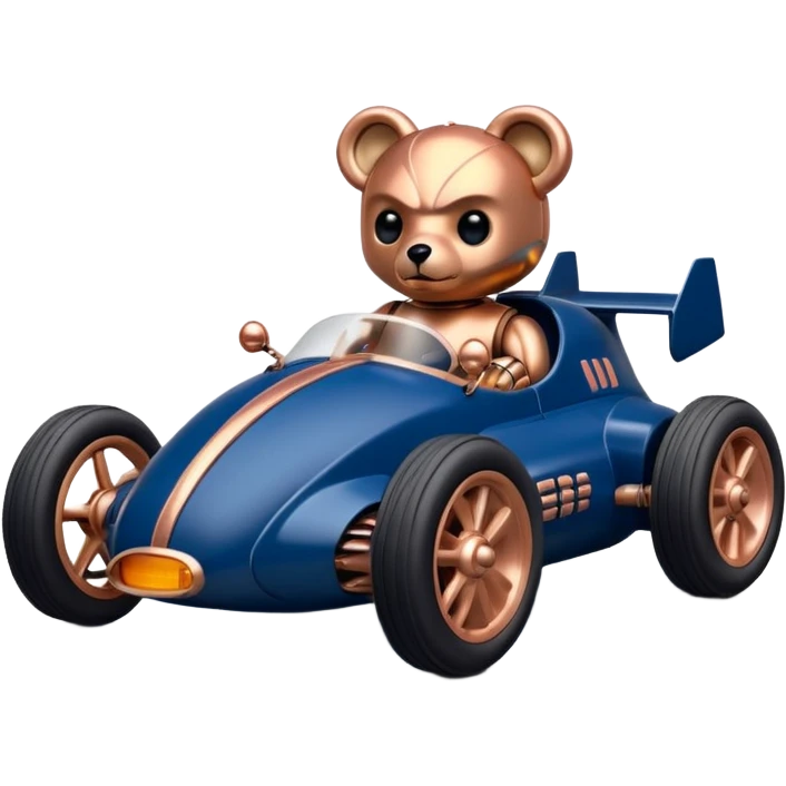 Real-proportional dark blue and rosegold-accented  retro racing car driven by furry-faced  evil alien scary robot teddy bear with rear spoiler (Star Wars style) emoji