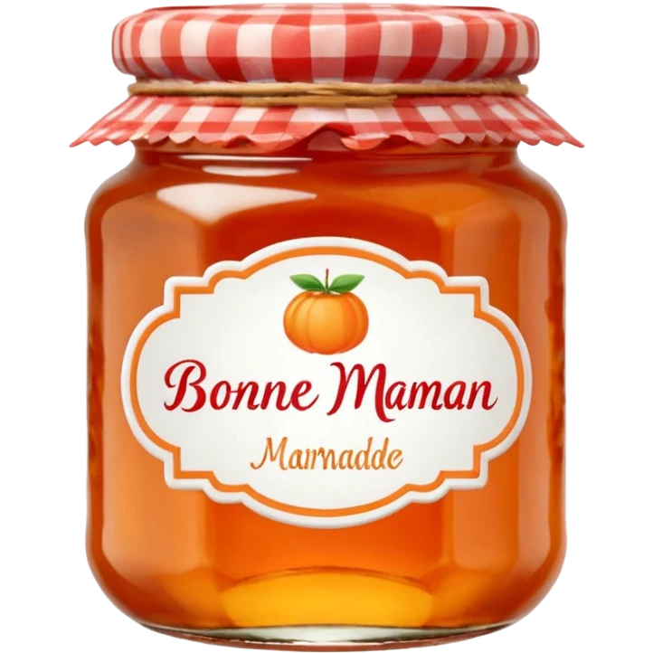 Bonne Maman orange marmalade jar, glass jar with red gingham lid, orange marmalade visible, classic label, cute emoji style emoji