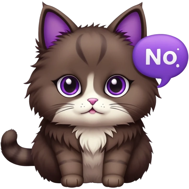 a dark-brown fluffy cute anime cat saying “no” with a purple speech bubble emoji