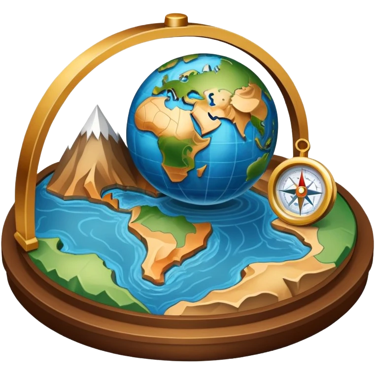 An icon featuring a globe, a compass, and a topographic map, symbolizing geography. The design includes mountain ranges, rivers, and a magnifying glass, representing the study of Earth's landscapes, features, and spatial relationships. Transparent background highlights geographic exploration. emoji
