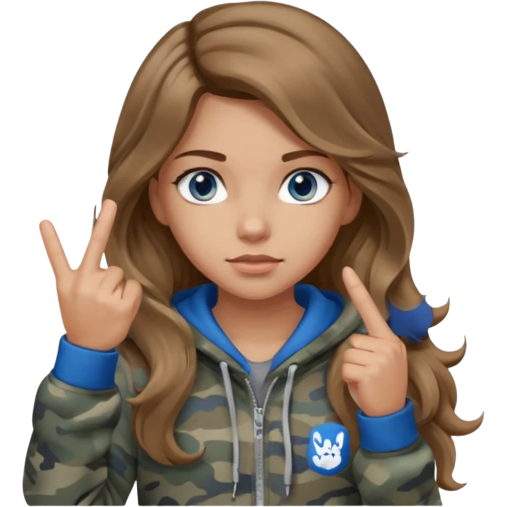 Girl with long wavy light brown hair, blue eyes , medium skin tone, wearing a gray camo hoodie and giving the middle finger emoji