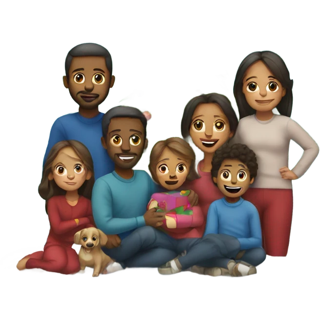 Family with 6 kids under 10yrs old around Christmas tree emoji