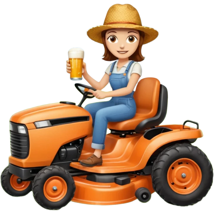 White woman with brown hair, without glasses wearing a straw hat, on old orange ride on lawn mower, holding a beer with one hand and holding the steering wheel with the other hand. Woman is smiling. Lawn mower has “Westwood” written on the engine cover emoji