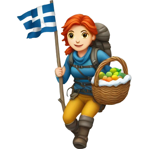 red hair female winter mountaineer climbing with Easter eggsbasket and Greek flag emoji