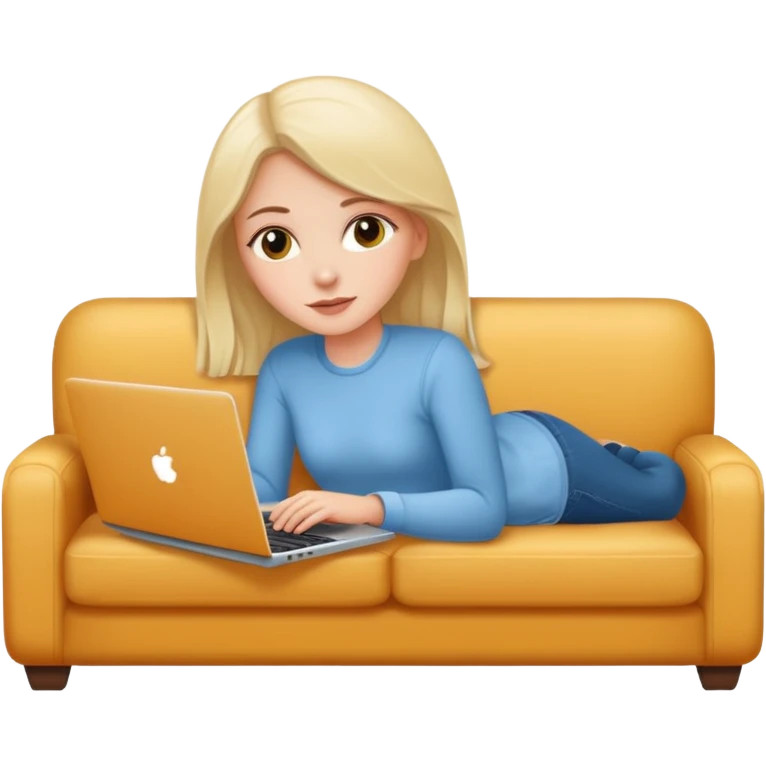 A white girl is lying on a sofa with a laptop emoji