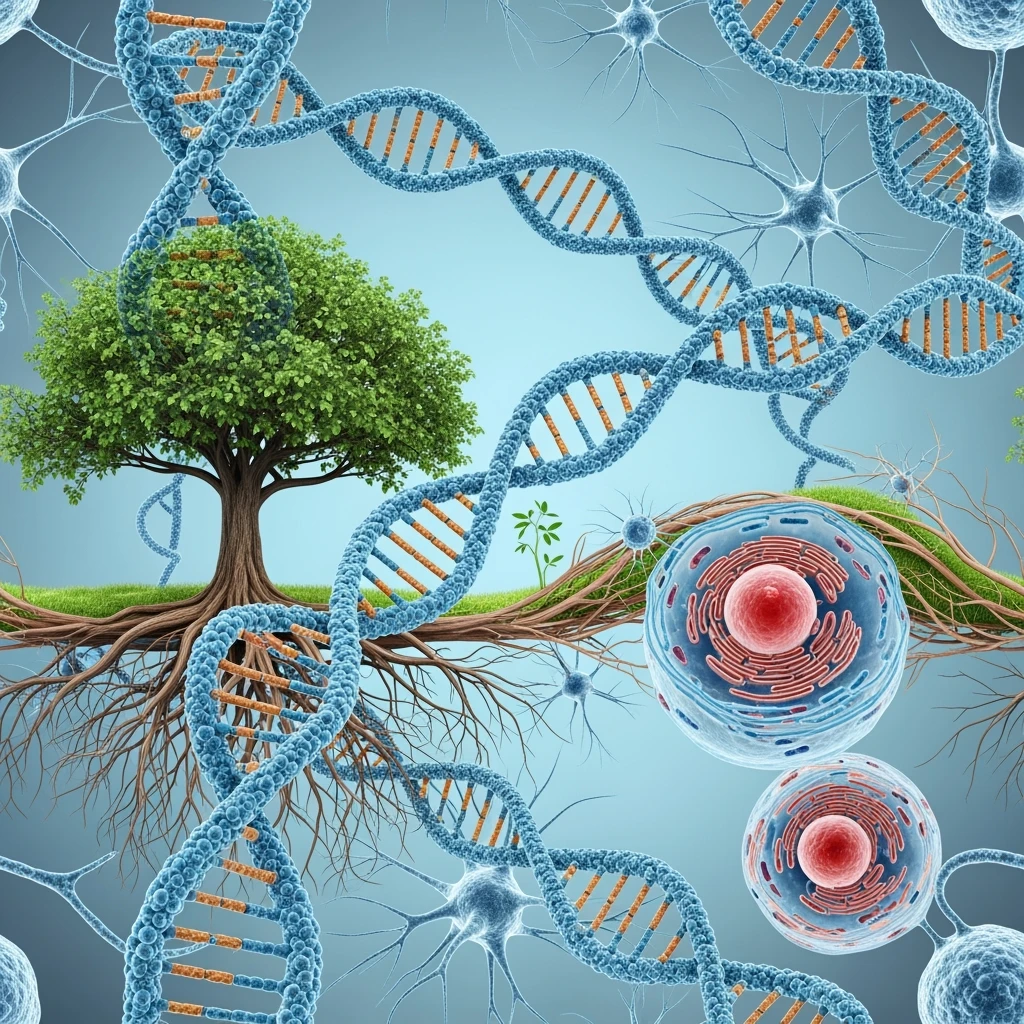 A realistic biological landscape showing: DNA strands transitioning into a tree, cells with visible organelles, neurons connected to plant roots  and a balanced ecosystem background . Seamless integration, no labels or borders. Scientific color scheme, detailed but minimalist. emoji