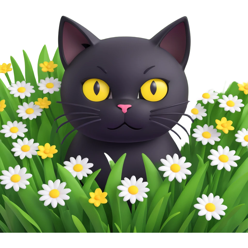 black cat with big yellow eyes peeking out from green grass, a white flower on its head, surrounded by small white and yellow flowers, highly three-dimensional, playful and cute, 3D iOS 18 style emoji