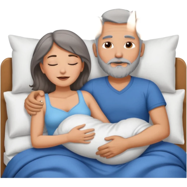 Man with grey hair and beard,beautiful brunette woman sleeping in bed together in the spooning position  emoji