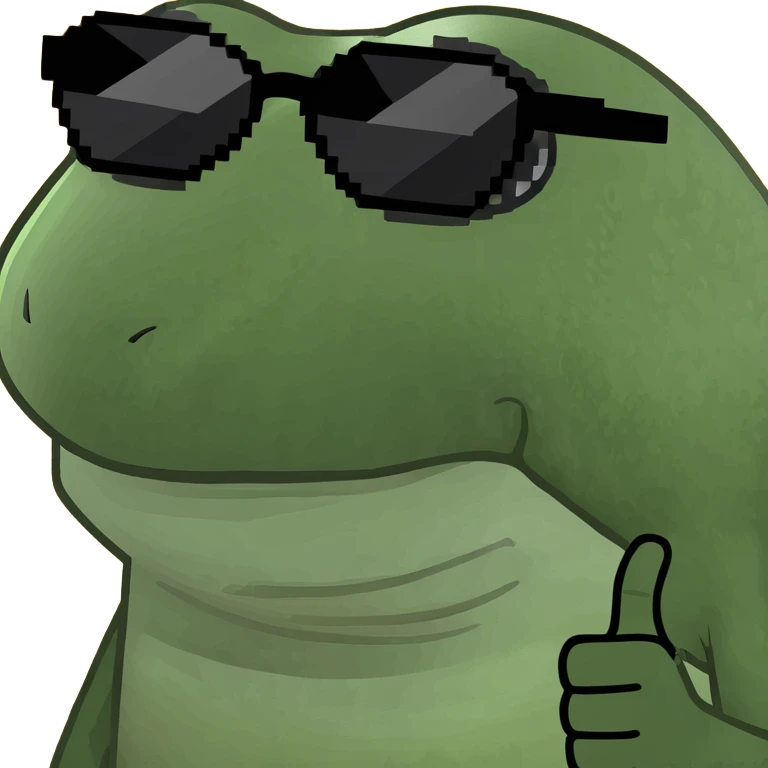 bufo with triangle 8 bit sunglasses full black, confident smile emoji