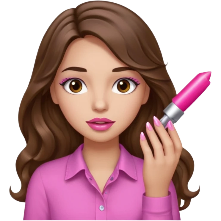 girl with long wavy brown hair, brown eyes, light to medium complexion, in a pink shirt, pink lips, long lashes, puckered lips, just had my nails done emoji
