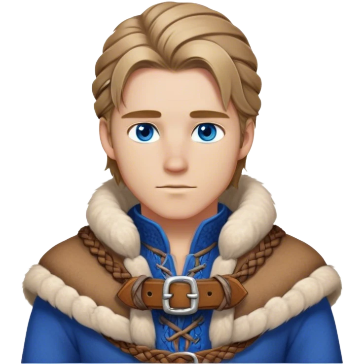 Medieval winter outfit worn by a DnD themed fantasy male character. Double-thick russet wool tunic with mink fur trim, featuring carved wooden toggles and a wide braided leather belt. Clothes only above the waist, full waist coverage. The character has no arms. Character is white-skinned with dark blonde hair, sapphire blue eyes, and medium-length straight hair touched by winter frost. emoji