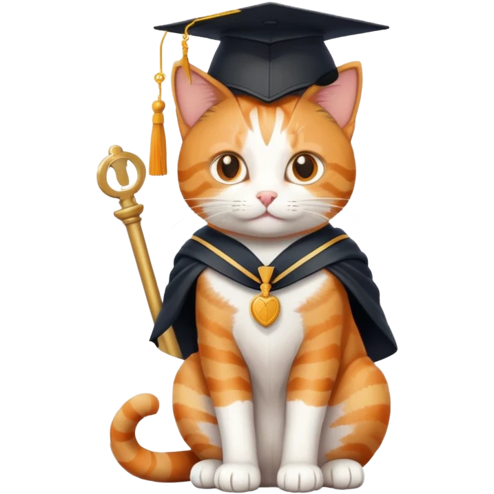 cat sitting, graduation cap on head, scales of justice in front emoji