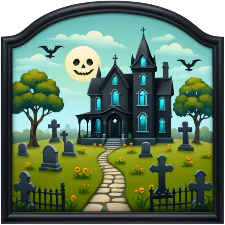Romantically overgrown Haunting graveyard field Victorian mansion emoji