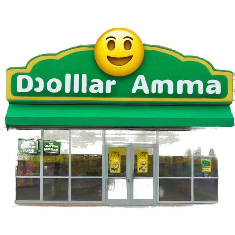 “Exterior of a Dollarama store with the bright green facade, bold yellow Dollarama sign, large front windows, and entrance doors, capturing the look of a budget-friendly retail store.” emoji