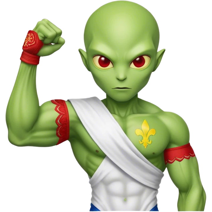 Green alien in Shirt 👚 vyshyvanka, white with red embodiary on sleeved, with 🇺🇦 Ukraine flag in a hand and 💪 emoji