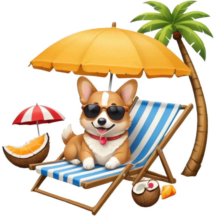 a corgi dog laied on a beach chair, a sunny beach, a sun umbrella, and beach coconut trees. the icon should capture the essence of a relaxing beach vacation with a carefree atmosphere emoji