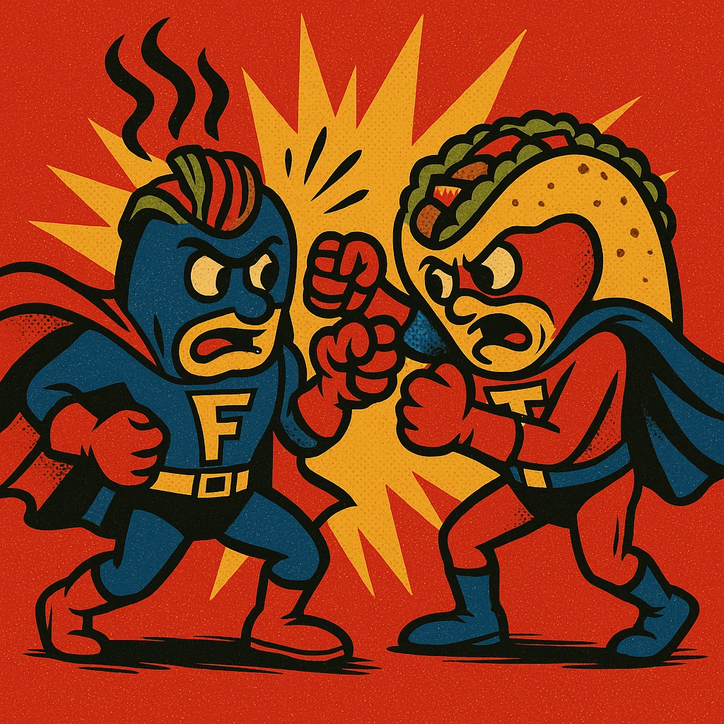 Add superhero costumes to the fajita and taco as they wrestle in a bold outlined comic style, keep the background as is. emoji