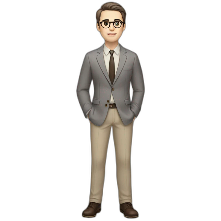 Full height Pale skinned Fit Man With dark brown hair in gray jacket, beige office shirt, tie, Brown pants and vintage glasses. Thrumbs of his palms directed up emoji
